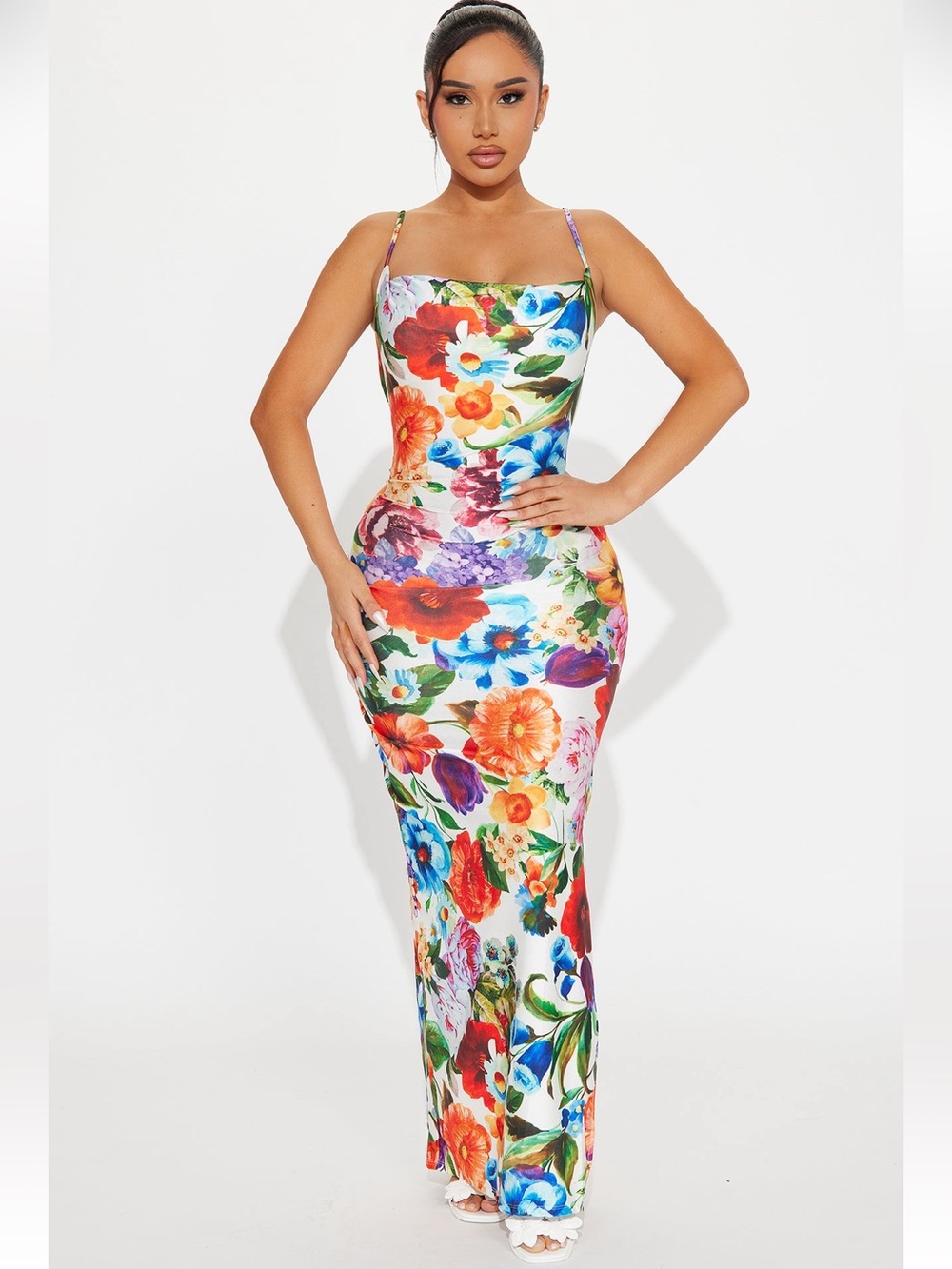 Fashion Nova Floral Satin Maxi Dress - White Base with Red, Blue & Orange Blooms